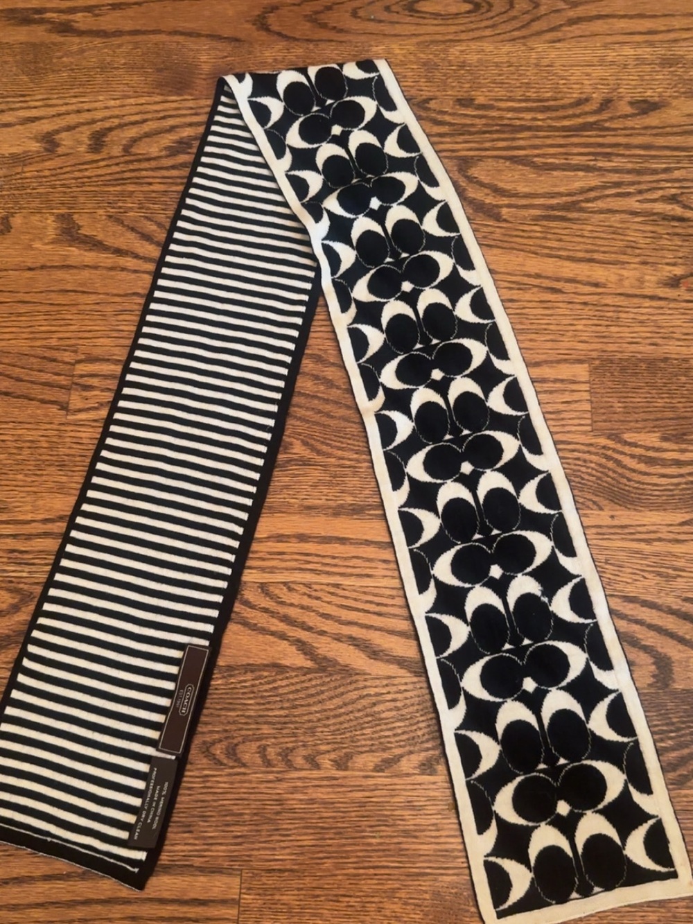Coach Black and White Striped Merino Wool Scarf
